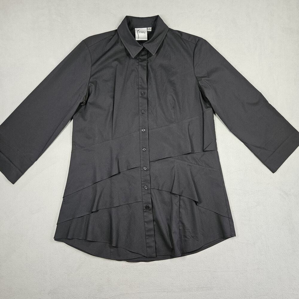 Finley Jenna Top Womens Small Black Cotton Tiered Ruffled Blouse Stretch Career
